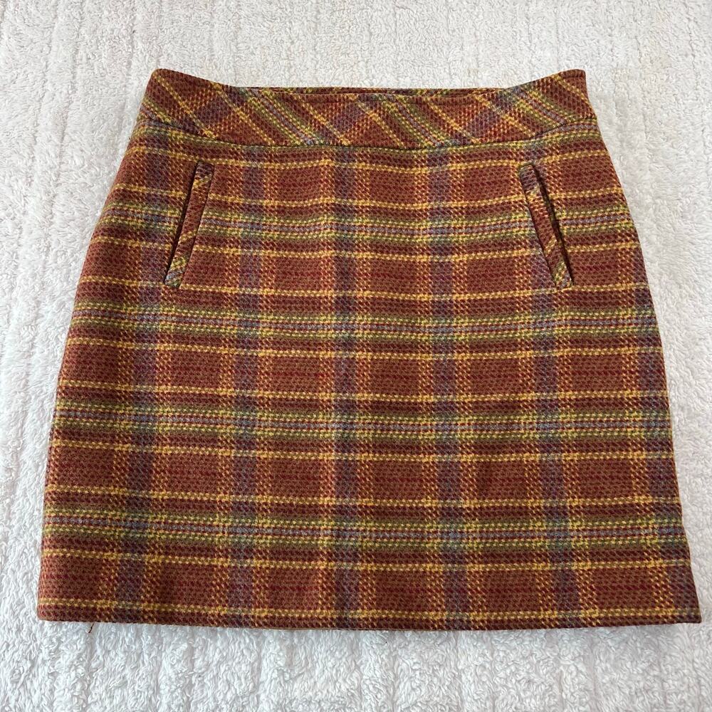 Talbots Plaid Wool Blend Skirt Women's size 8P Petite Brown Gold Lining